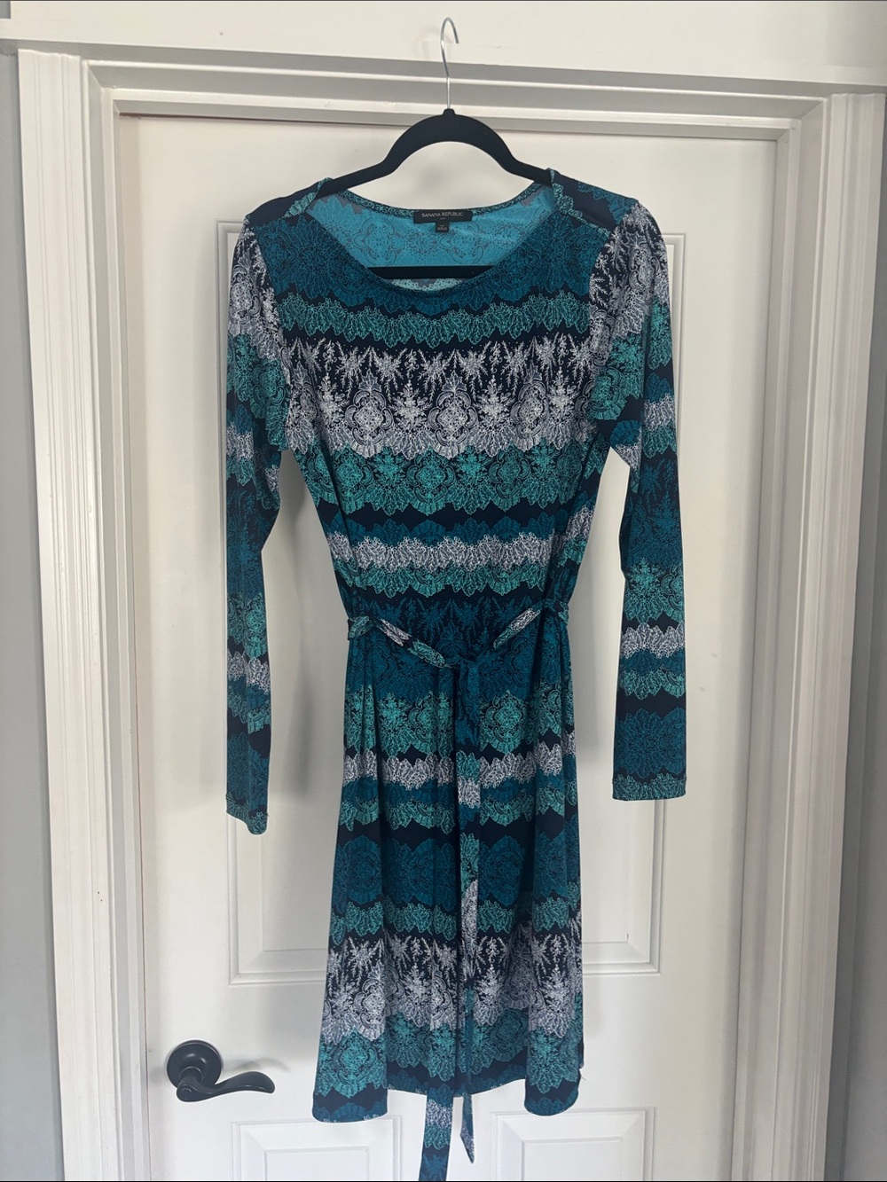 Banana Republic Teal & Navy Long-Sleeve Tie-Waist Dress